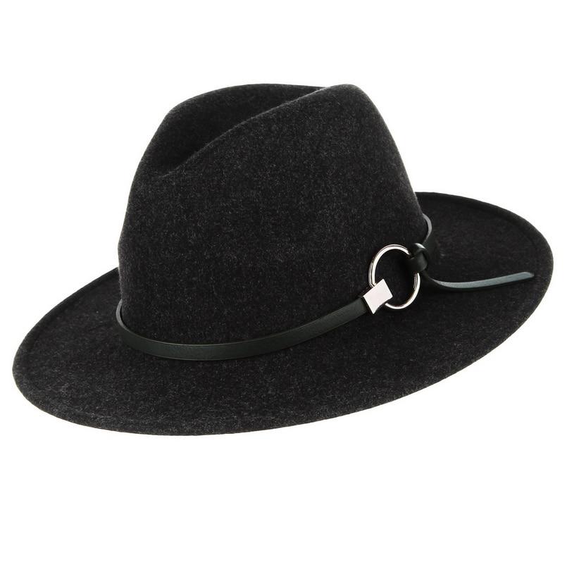 Wide Brim Wool Felt Fedora Hat with Buckled Black Leather Belt Hatband