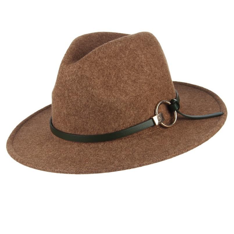 Wide Brim Wool Felt Fedora Hat with Buckled Black Leather Belt Hatband