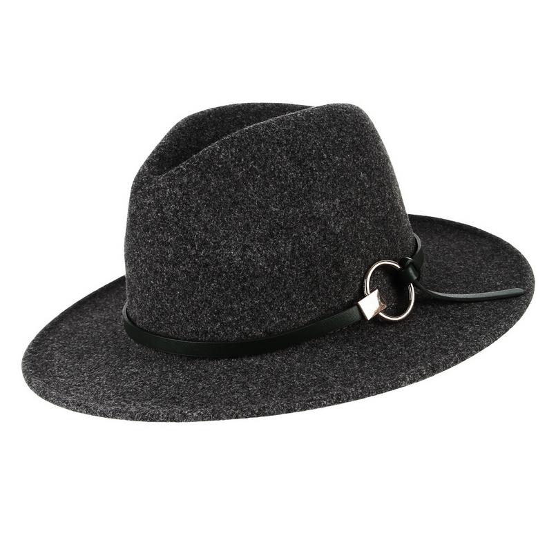 Wide Brim Wool Felt Fedora Hat with Buckled Black Leather Belt Hatband
