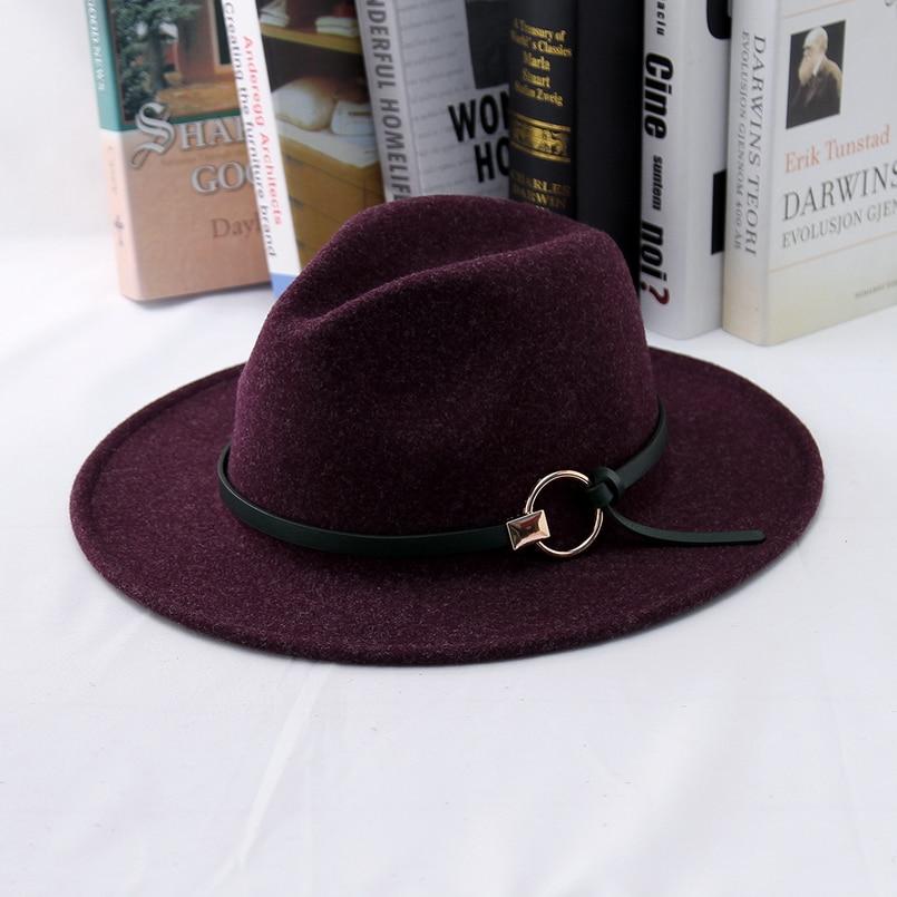 Wide Brim Wool Felt Fedora Hat with Buckled Black Leather Belt Hatband