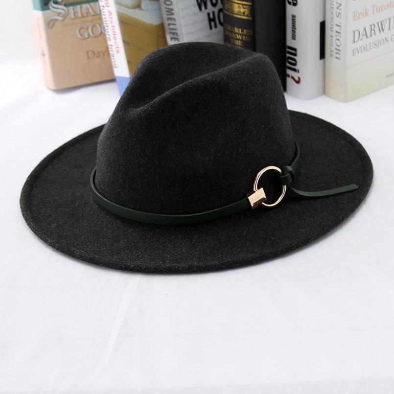 Wide Brim Wool Felt Fedora Hat with Buckled Black Leather Belt Hatband
