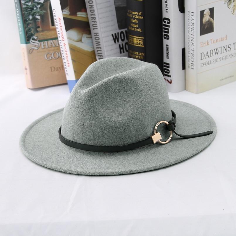 Wide Brim Wool Felt Fedora Hat with Buckled Black Leather Belt Hatband