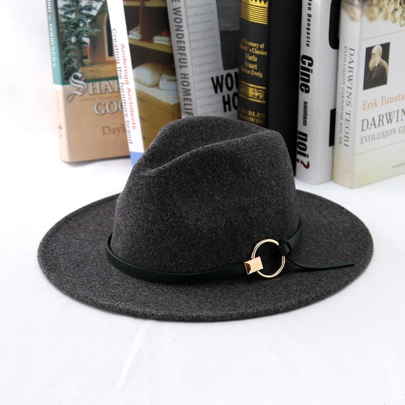 Wide Brim Wool Felt Fedora Hat with Buckled Black Leather Belt Hatband