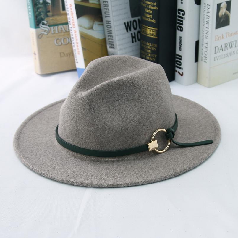 Wide Brim Wool Felt Fedora Hat with Buckled Black Leather Belt Hatband