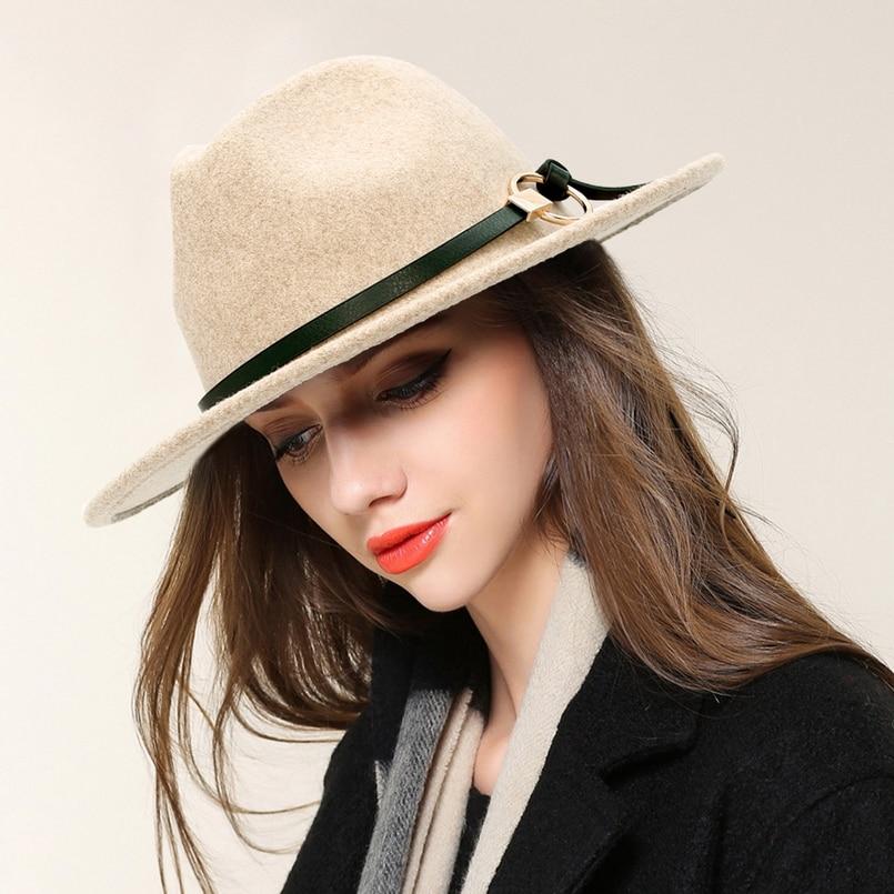 Wide Brim Wool Felt Fedora Hat with Buckled Black Leather Belt Hatband