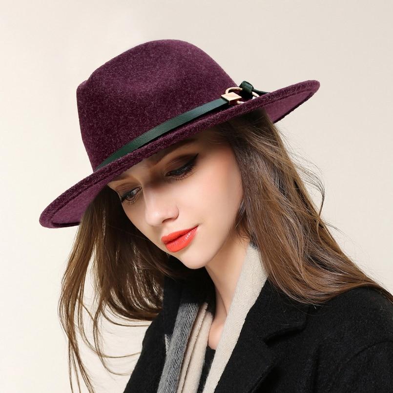 Wide Brim Wool Felt Fedora Hat with Buckled Black Leather Belt Hatband