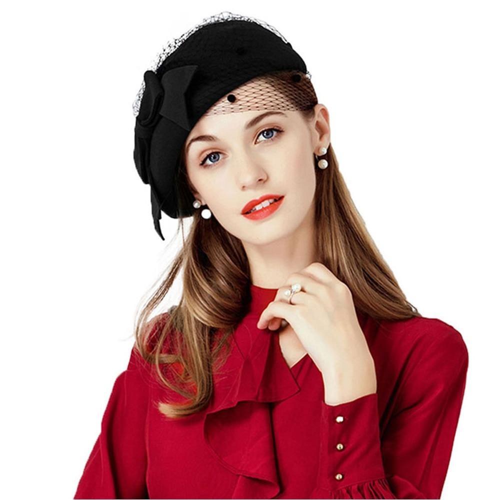 Wool Pillbox Fascinator Hat with Netted Veil and Bow