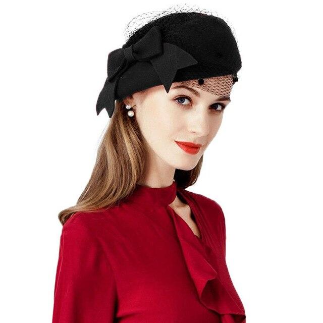 Wool Pillbox Fascinator Hat with Netted Veil and Bow