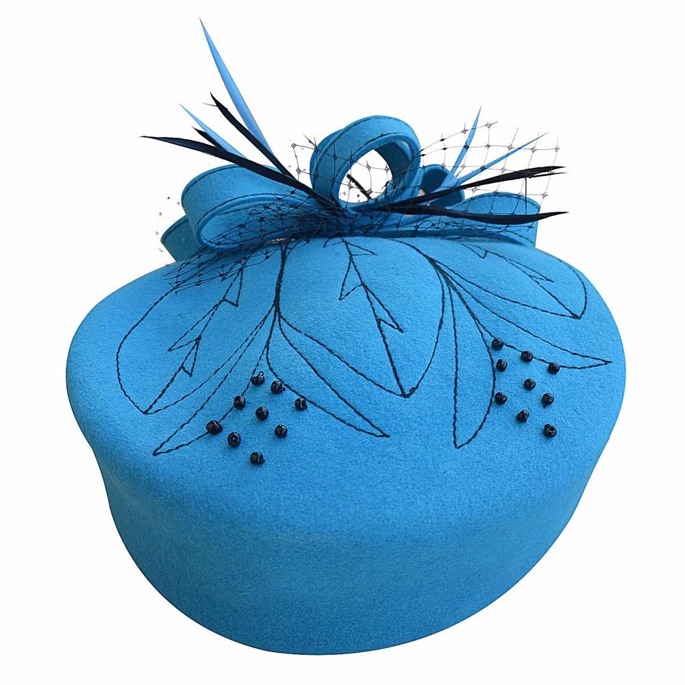 Wool Felt Pillbox Fascinator Hat with Netted Veil, Flower, Feathers and Beads