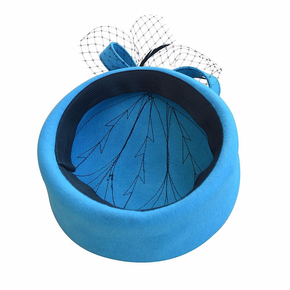 Wool Felt Pillbox Fascinator Hat with Netted Veil, Flower, Feathers and Beads