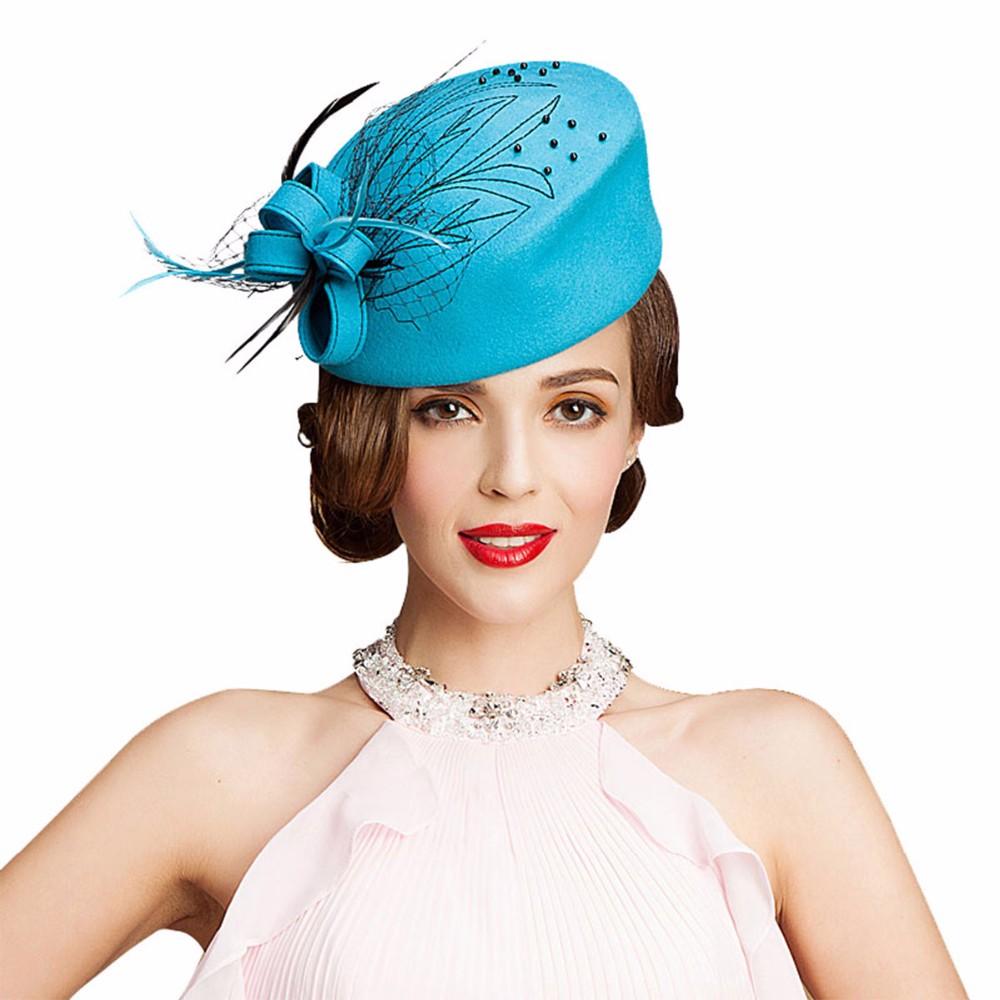 Wool Felt Pillbox Fascinator Hat with Netted Veil, Flower, Feathers and Beads