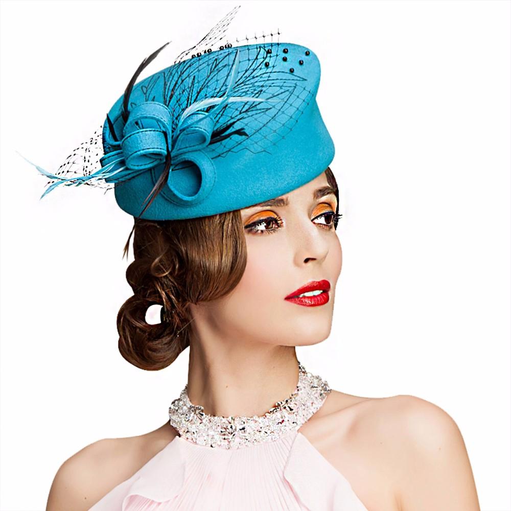 Wool Felt Pillbox Fascinator Hat with Netted Veil, Flower, Feathers and Beads