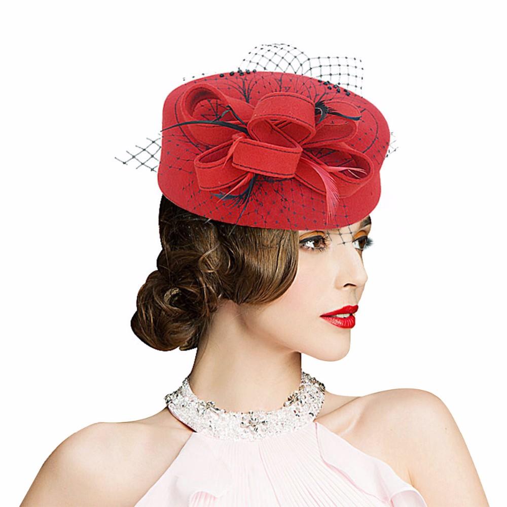 Wool Felt Pillbox Fascinator Hat with Netted Veil, Flower, Feathers and Beads