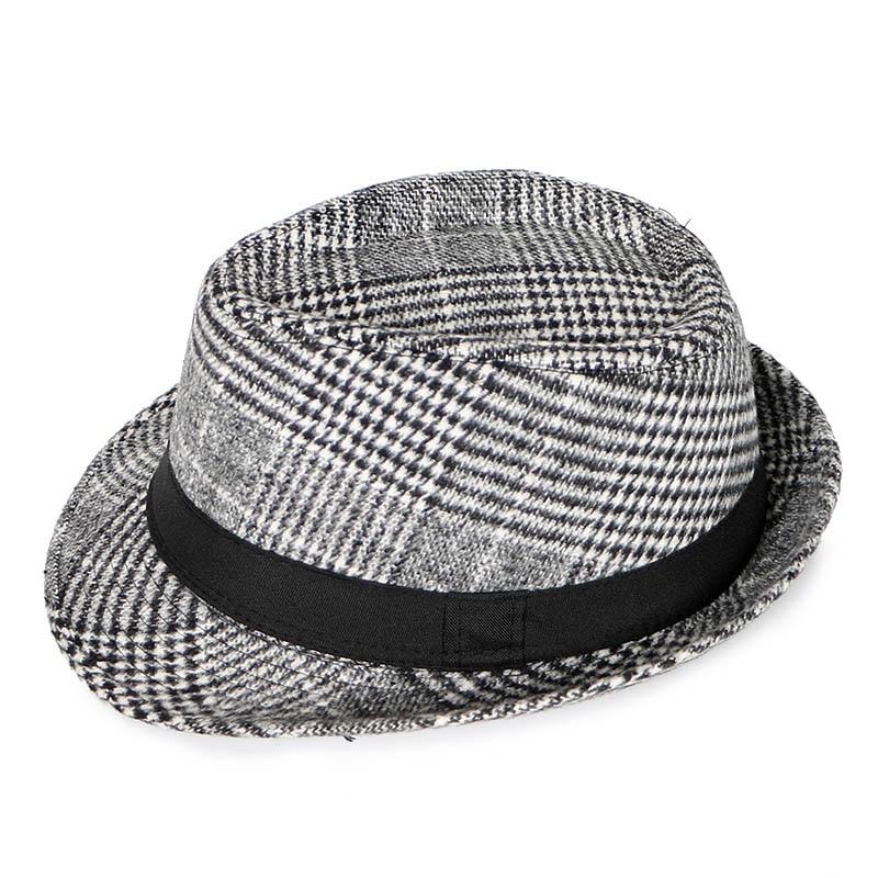 Vintage Wool Felt Plaid Fedora Trilby Hat with Black Hatband