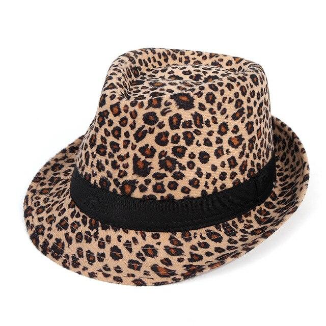 Vintage Fedora-Trilby-Hut mit breiter Krempe und Leopardenmuster sowie schwarzem Hutband