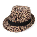 Vintage Fedora-Trilby-Hut mit breiter Krempe und Leopardenmuster sowie schwarzem Hutband