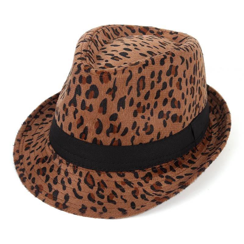 Vintage Fedora-Trilby-Hut mit breiter Krempe und Leopardenmuster sowie schwarzem Hutband