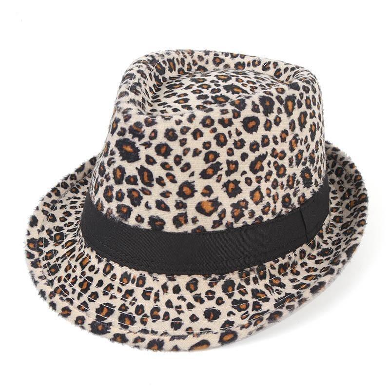 Vintage Fedora-Trilby-Hut mit breiter Krempe und Leopardenmuster sowie schwarzem Hutband