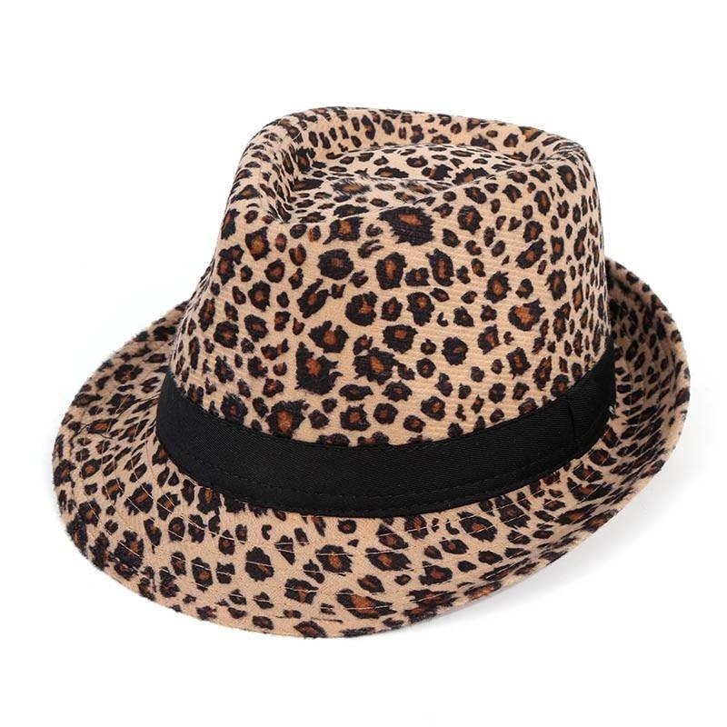 Vintage Fedora-Trilby-Hut mit breiter Krempe und Leopardenmuster sowie schwarzem Hutband