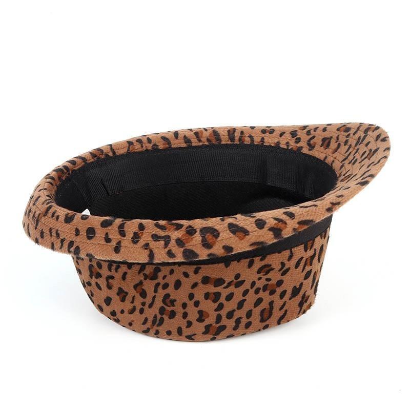 Vintage Fedora-Trilby-Hut mit breiter Krempe und Leopardenmuster sowie schwarzem Hutband