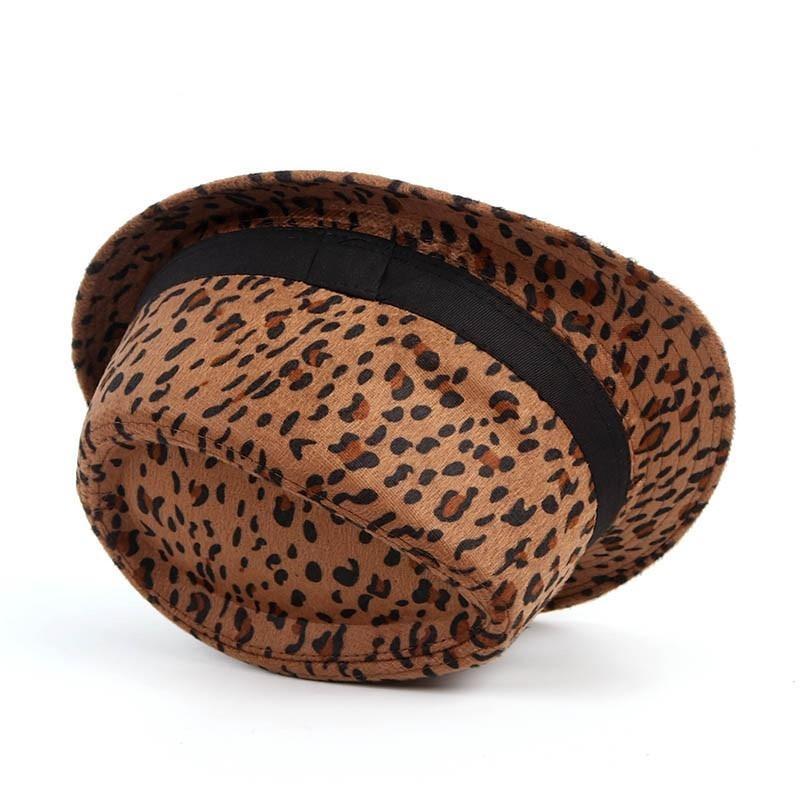 Vintage Fedora-Trilby-Hut mit breiter Krempe und Leopardenmuster sowie schwarzem Hutband