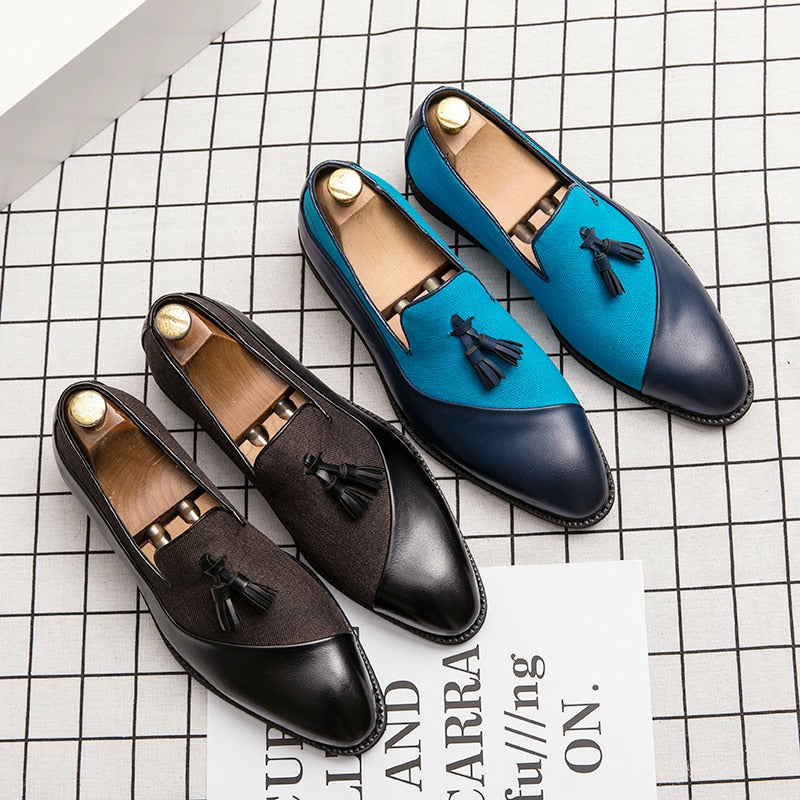 Semi-formal Hemp PU Leather Men's Shoes Glamorous Blue Tassel Italian Shoes