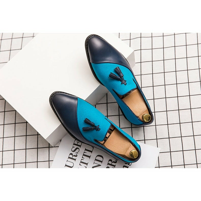 Semi-formal Hemp PU Leather Men's Shoes Glamorous Blue Tassel Italian Shoes