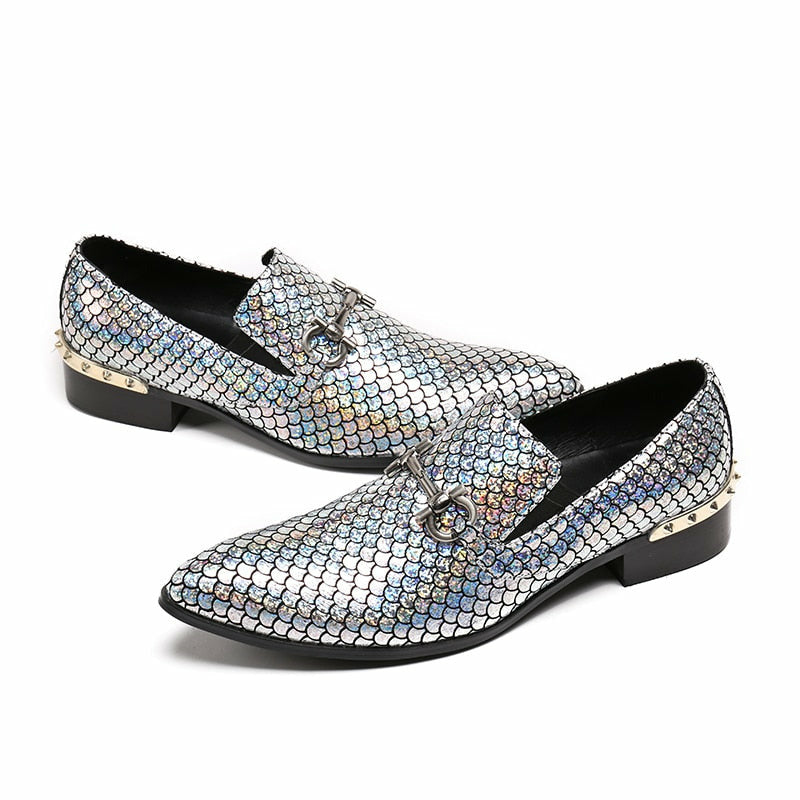 Men's Genuine Leather Loafers – Shiny Glitter Slip-On Wedding & Party Shoes