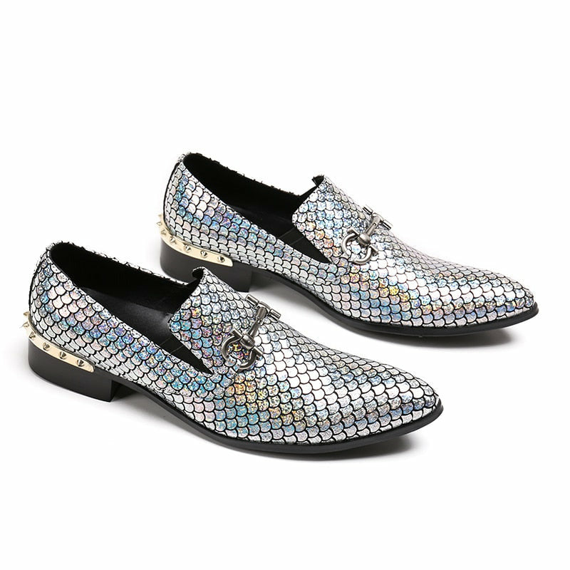 Men's Genuine Leather Loafers – Shiny Glitter Slip-On Wedding & Party Shoes