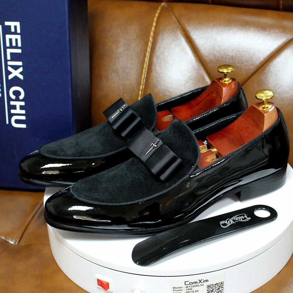 Handmade Genuine Patent Leather And Nubuck Leather Patchwork With Bow Tie Men Wedding Shoes