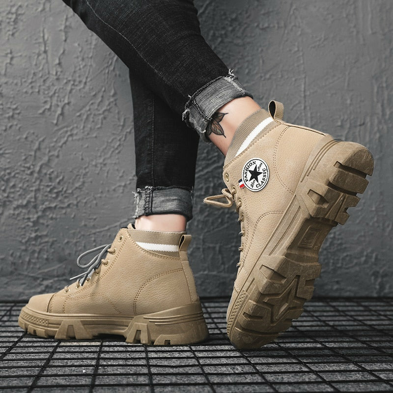 Men's High Quality Leather Boots – Waterproof Casual Motorcycle Ankle Lace-Up Shoes