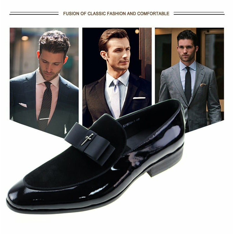 Handmade Genuine Patent Leather And Nubuck Leather Patchwork With Bow Tie Men Wedding Shoes