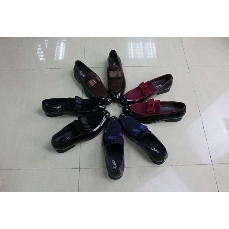 Handmade Genuine Patent Leather And Nubuck Leather Patchwork With Bow Tie Men Wedding Shoes