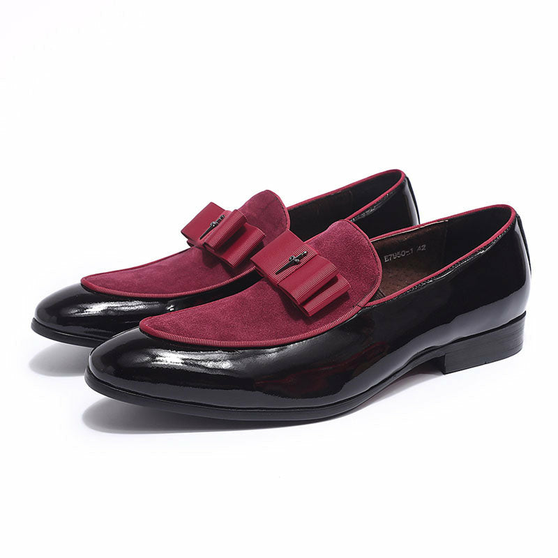 Handmade Genuine Patent Leather And Nubuck Leather Patchwork With Bow Tie Men Wedding Shoes
