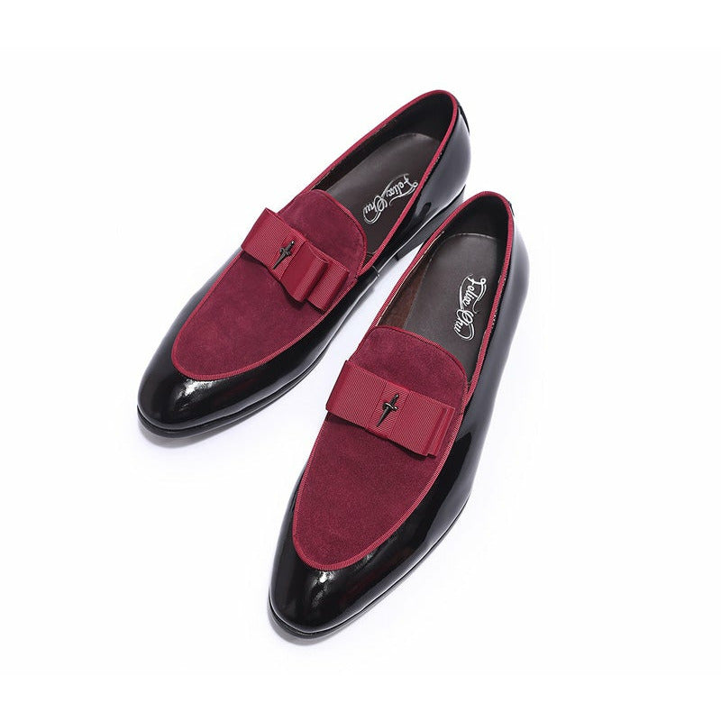 Handmade Genuine Patent Leather And Nubuck Leather Patchwork With Bow Tie Men Wedding Shoes