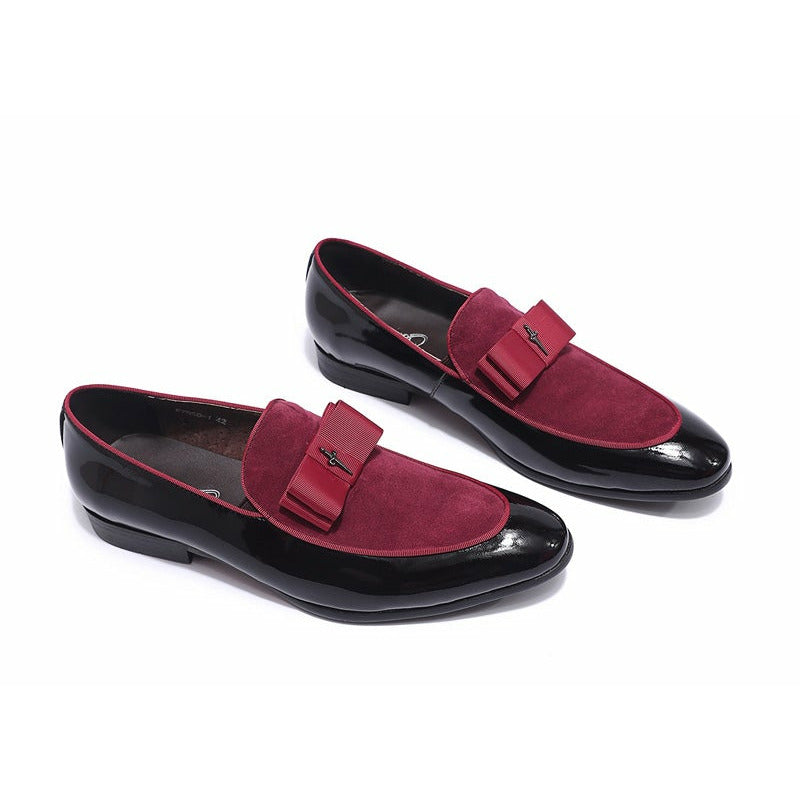 Handmade Genuine Patent Leather And Nubuck Leather Patchwork With Bow Tie Men Wedding Shoes