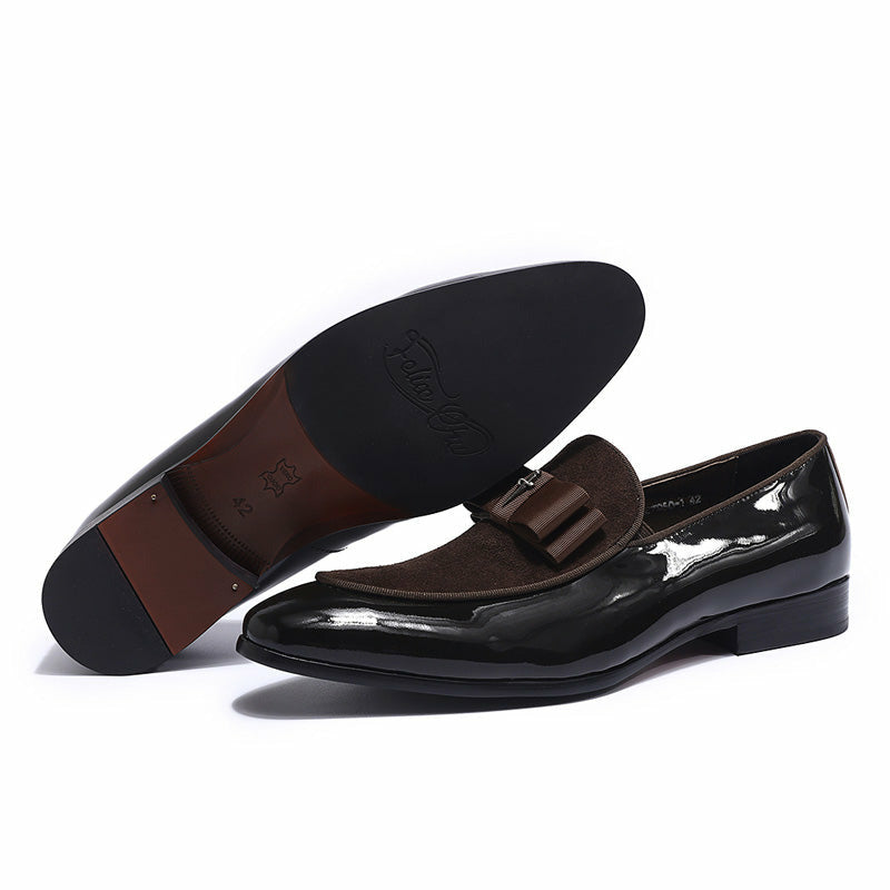Handmade Genuine Patent Leather And Nubuck Leather Patchwork With Bow Tie Men Wedding Shoes
