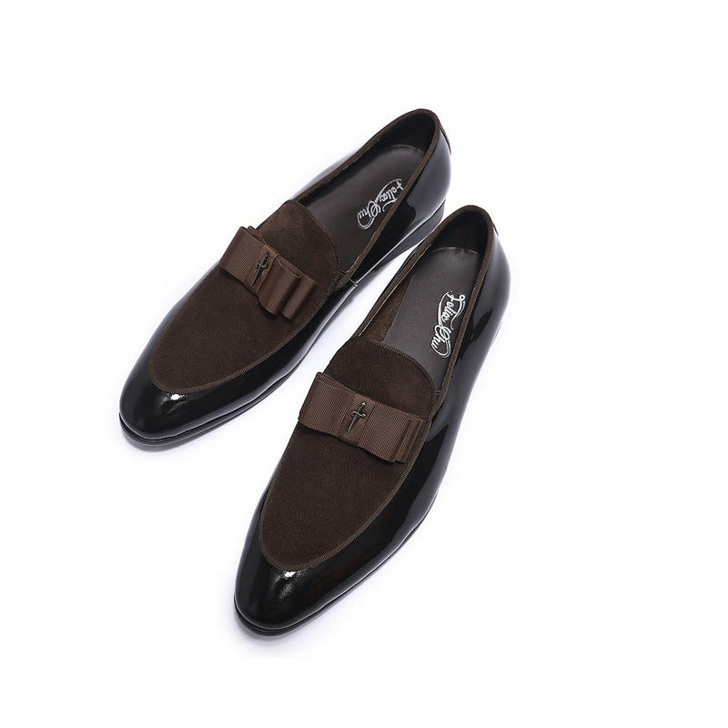 Handmade Genuine Patent Leather And Nubuck Leather Patchwork With Bow Tie Men Wedding Shoes