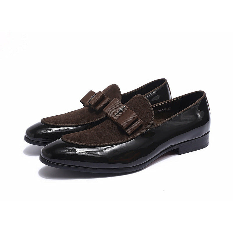 Handmade Genuine Patent Leather And Nubuck Leather Patchwork With Bow Tie Men Wedding Shoes