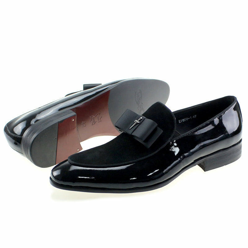Handmade Genuine Patent Leather And Nubuck Leather Patchwork With Bow Tie Men Wedding Shoes