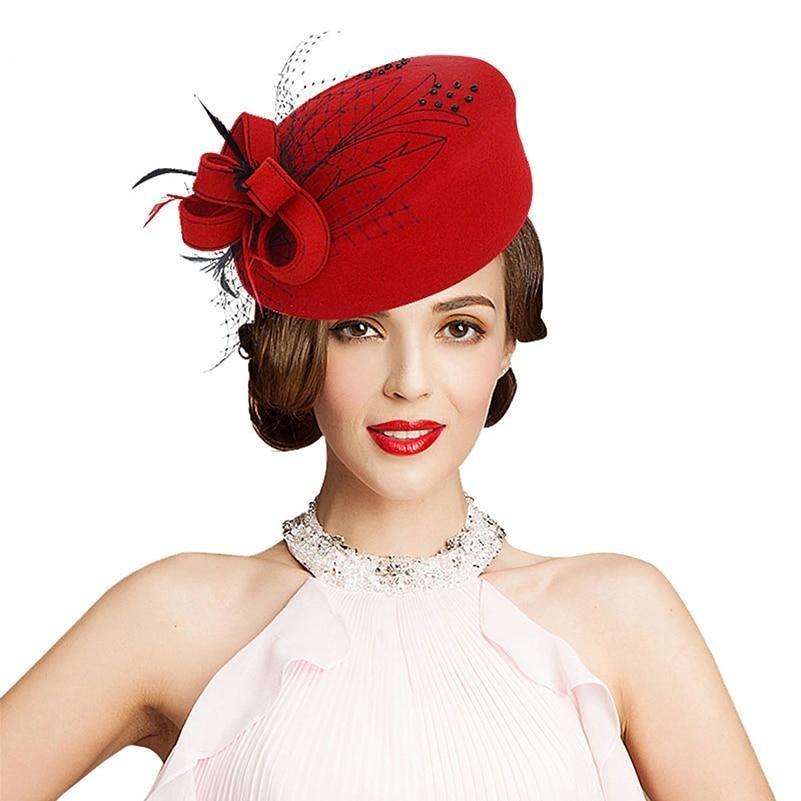 Wool Felt Pillbox Fascinator Hat with Netted Veil, Flower, Feathers and Beads