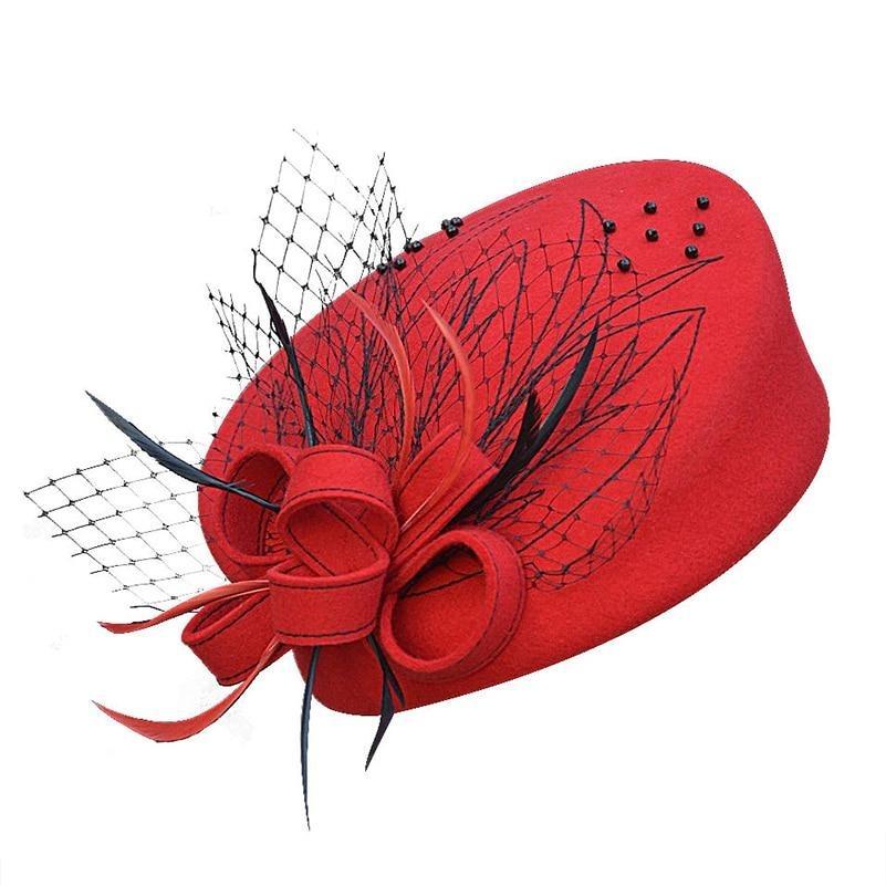 Wool Felt Pillbox Fascinator Hat with Netted Veil, Flower, Feathers and Beads