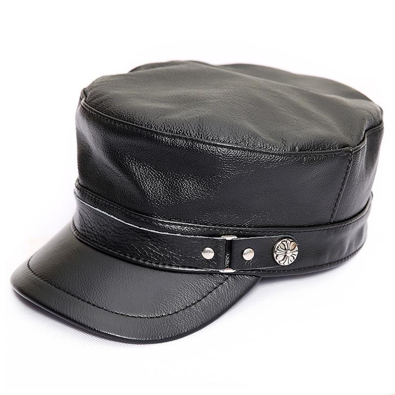 Military-Cap aus echtem Leder mit flacher Oberseite und Snapback-Verschluss