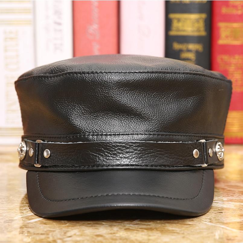 Military-Cap aus echtem Leder mit flacher Oberseite und Snapback-Verschluss