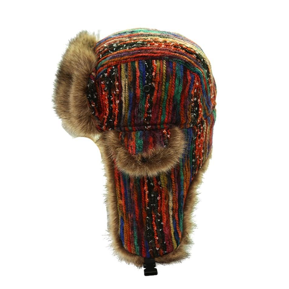 Thick Warm Multicolored Fur Bomber Hat with Earflaps