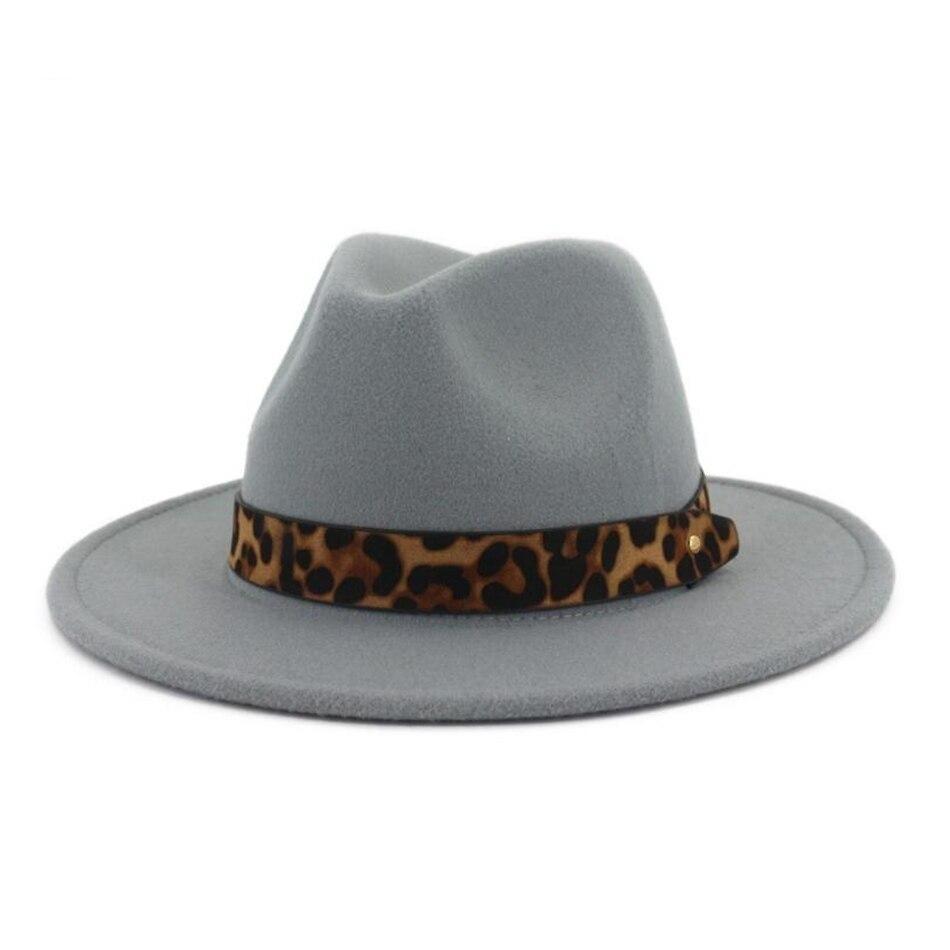 Wide Brim Felt Fedora Panama Hat with Leopard-printed Hatband