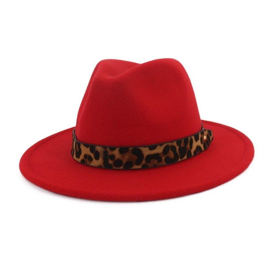 Wide Brim Felt Fedora Panama Hat with Leopard-printed Hatband