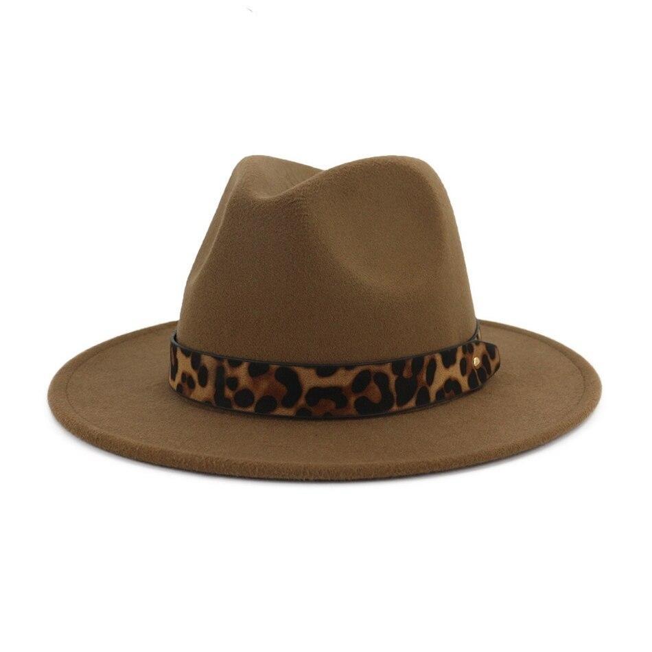 Wide Brim Felt Fedora Panama Hat with Leopard-printed Hatband
