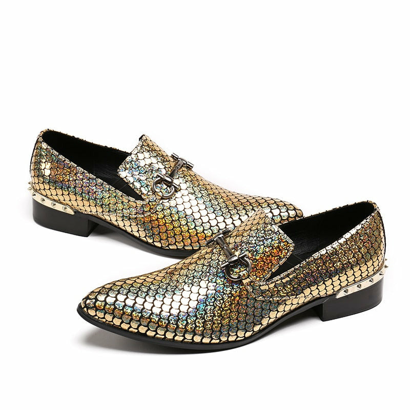 Gold Handmade Men Loafers Fashion Leather Shiny Glitter Wedding Dress Shoes