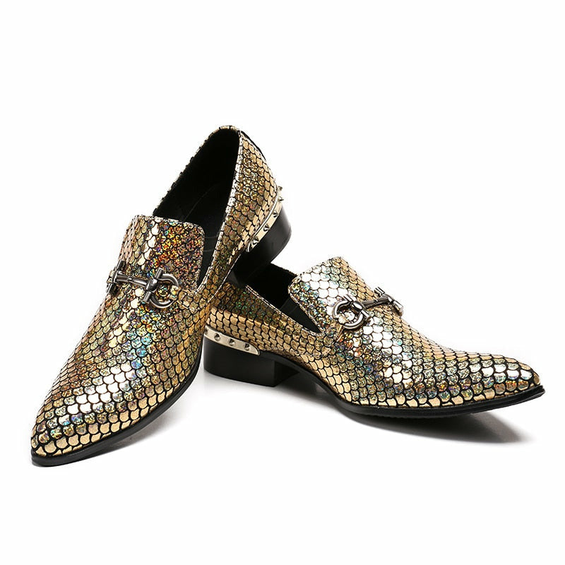 Gold Handmade Men Loafers Fashion Leather Shiny Glitter Wedding Dress Shoes